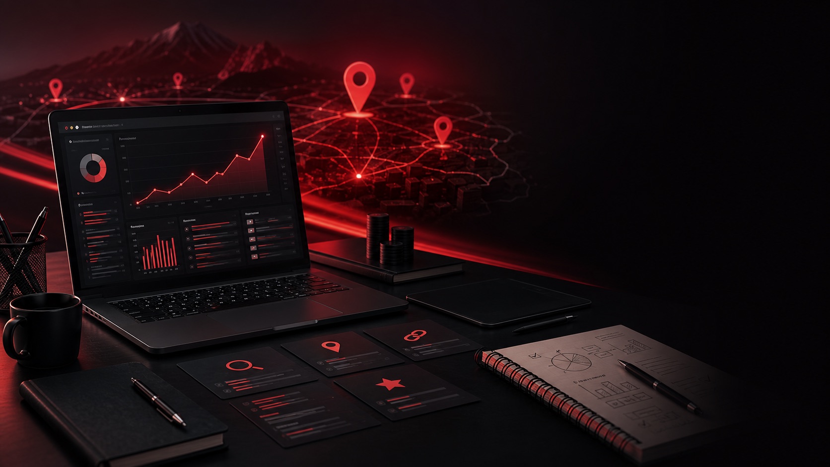 Kayseri SEO fiyatları için kırmızı siyah dijital analiz ve arama görünürlüğü görseli